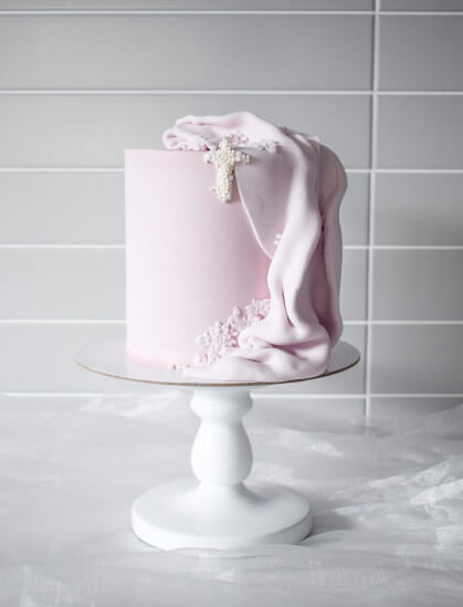 pink fondant drape Christening Cake